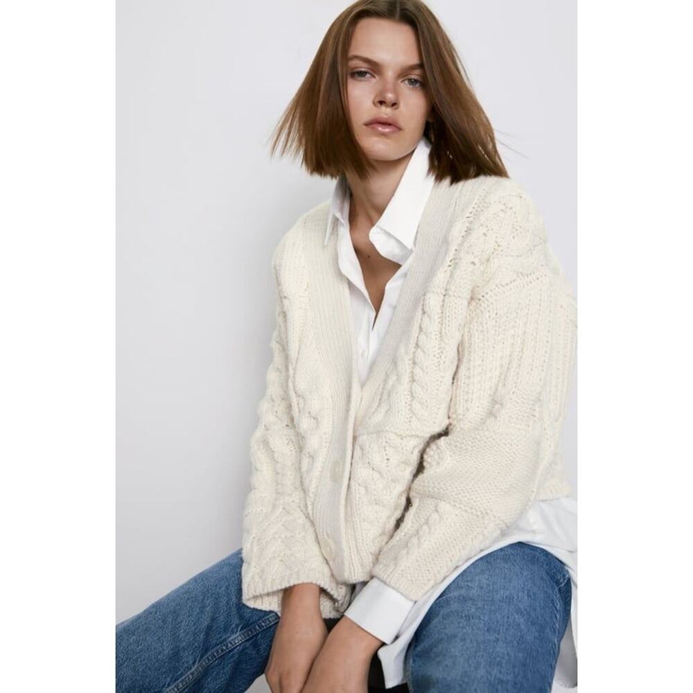Zara Wool Blend Chunky Cream Button Down Oversized Cozy Cardigan Women's‎ Medium